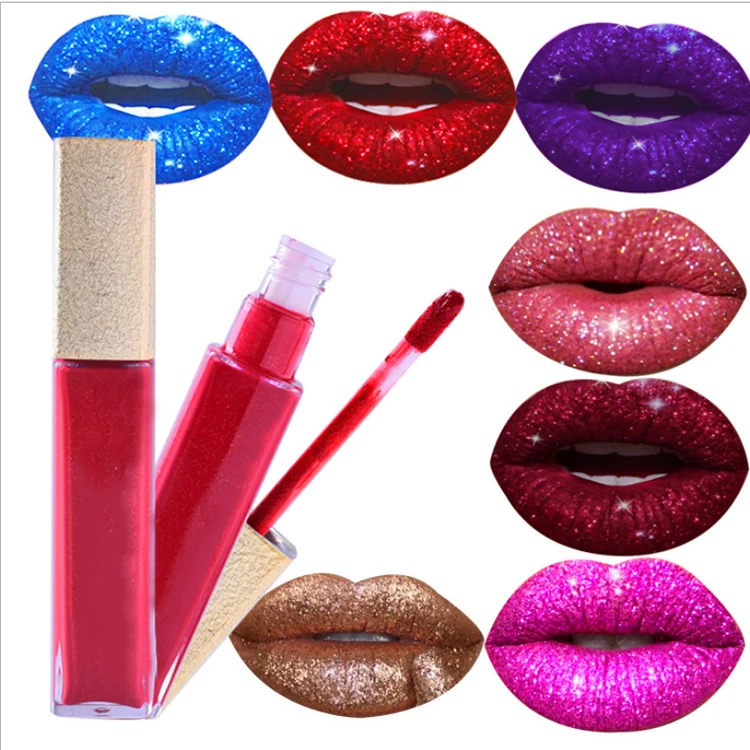 

2019 New Hot sale 8 colors Blue Red Glitter Lipgloss Vegan lip gloss Private label Long Wearing Shine Metallic Liquid lipstick