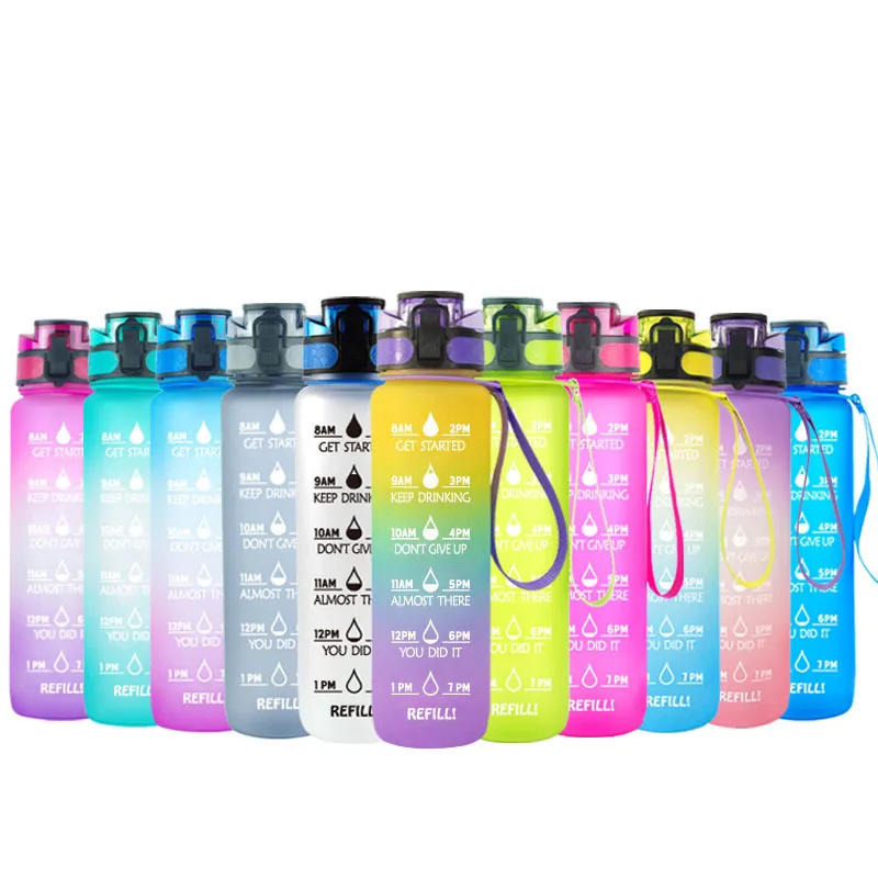 

Wholesale Custom Logo 32oz/1L Motivational Sports Tritan Matte gradient Water Bottles with Time Marking and Strainer