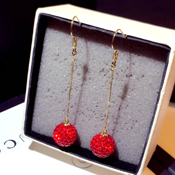 

Korea Fashion Silver Needle Long Tassel Rhinestone Crystal Earrings 18k gold Red Crystal Ball Hook Earrings