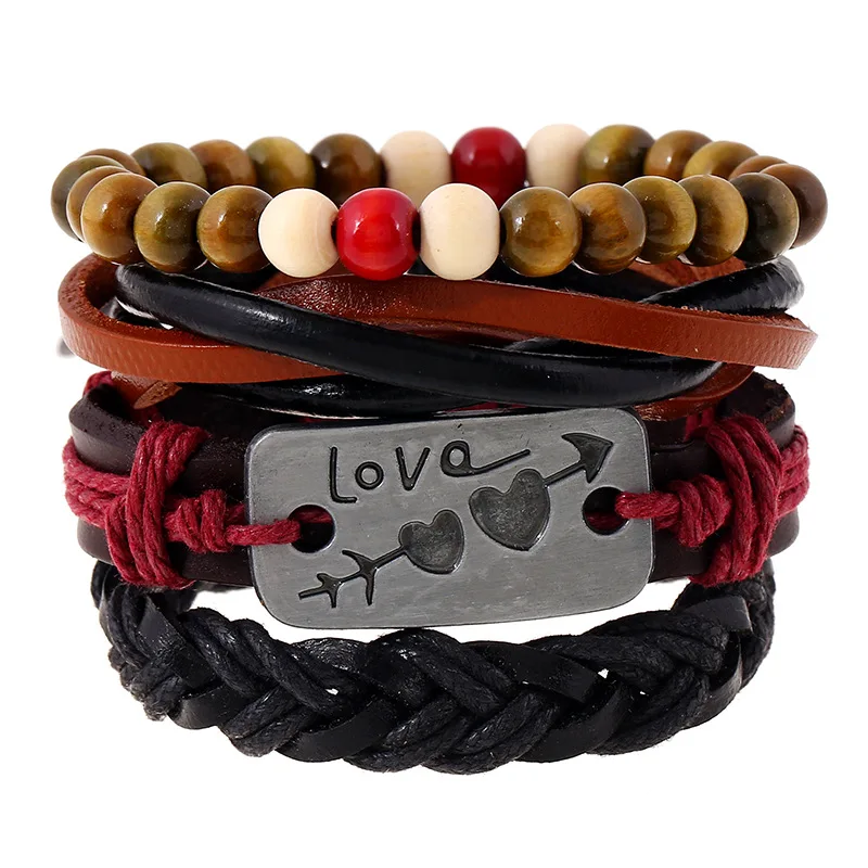 

Dropshipping Romantic Bohemia Jewelry Heart Charm Bracelet For Lovers Handmade DIY Leather Ropes Weave Bracelet and Bangles