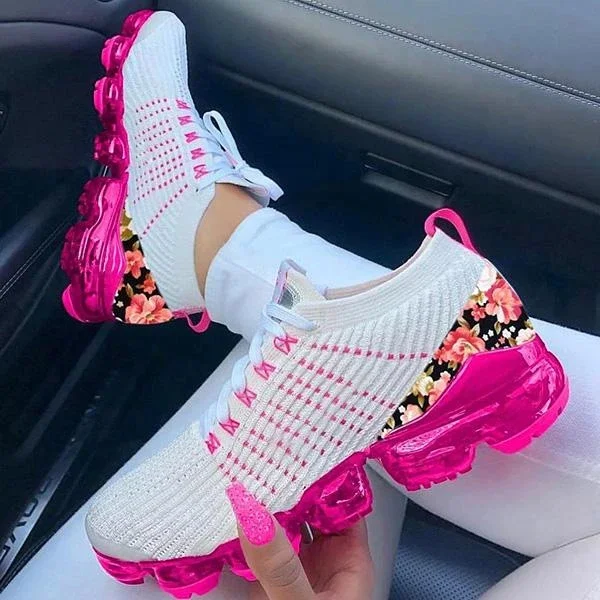 

Knitting Upper Comfortable Low Cut Running Women's Tennis Shoes Chunky Heel Lace Up Fashion Sneakers Sports Walking Shoes, White,pink