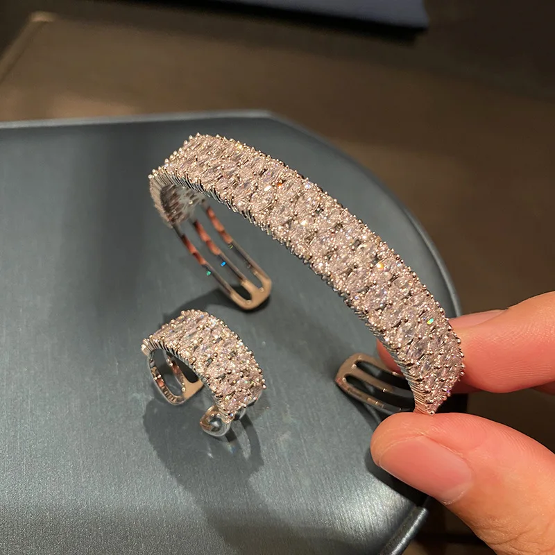 

Fine Jewelry Sets Shiny Rhinestone Crystal Finger Rings Women Chic Full Inlay Sparkling White Diamond Wide Bracelet For Party