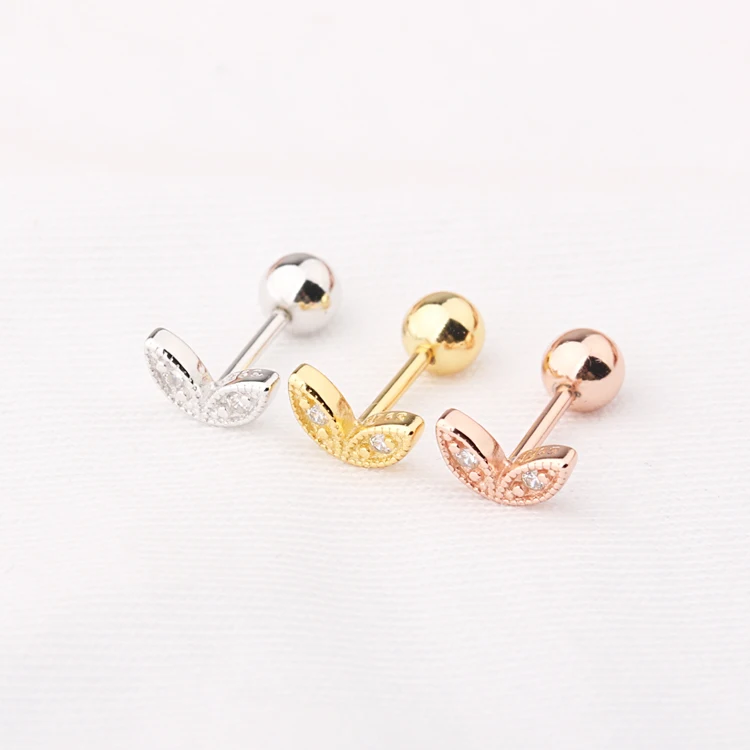 

Trendy Earrings 925 Sterling Silver Leaf Stud Earrings Gold Plated Cartilage Screw Earrings