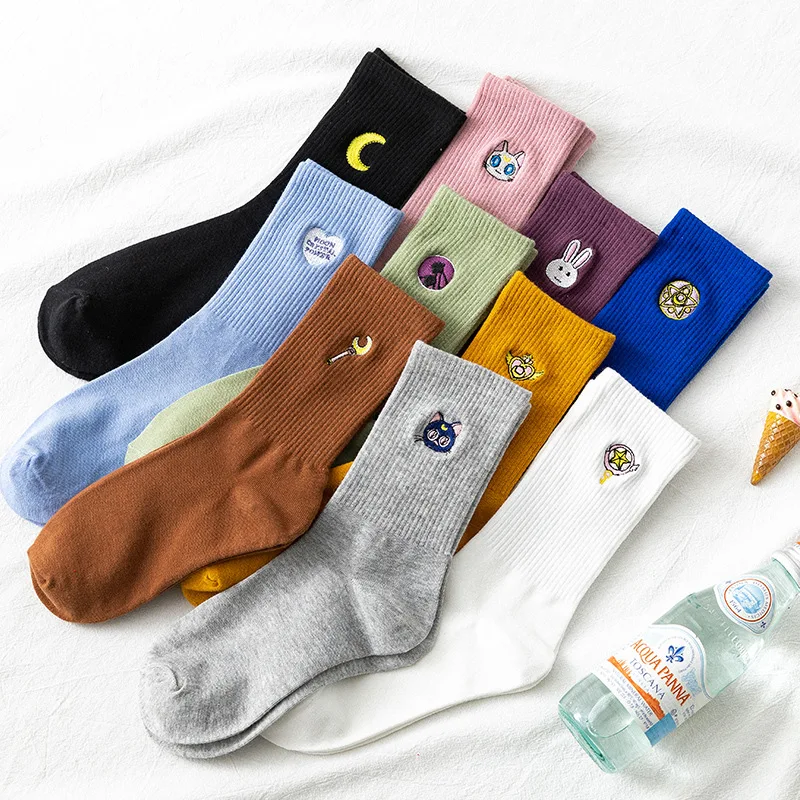 

Women Embroidery socks custom logo Sailor Moon scrunch Individuality Fashion cotton school crew socks