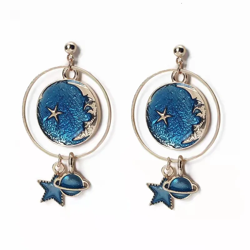 

Tassel Asymmetric Blue Starry Planet Earrings, Picture shows