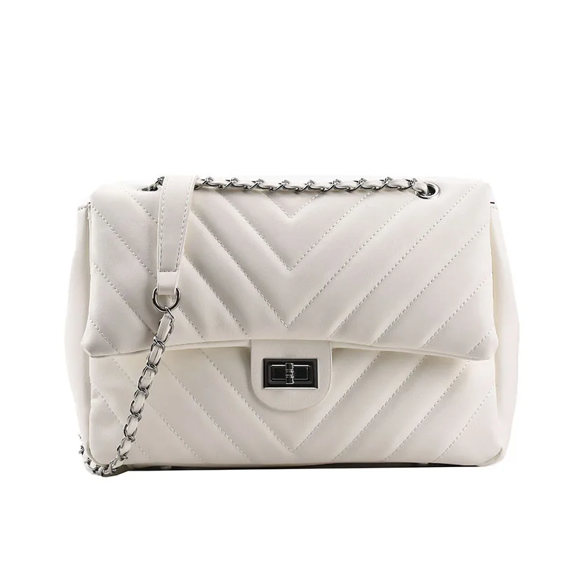 

Fashion solid color ladies shoulder bag trendy V-shaped quilted thread turn lock chain femalebag Korean temperament messengerbag