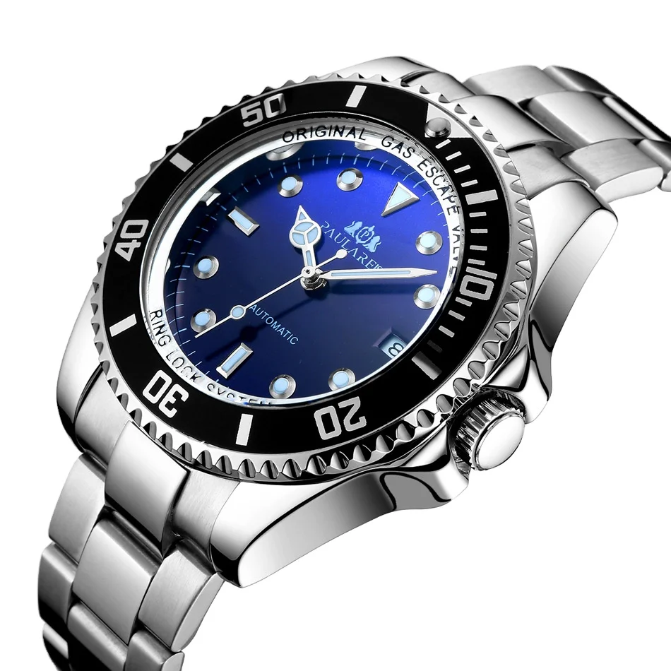 

2022 New Full Paulareis automatic mechanical luminous solid steel band men's watch with blue red green face