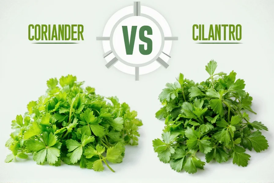 Close-up of fresh cilantro leaves and dried coriander seeds showing visual differences