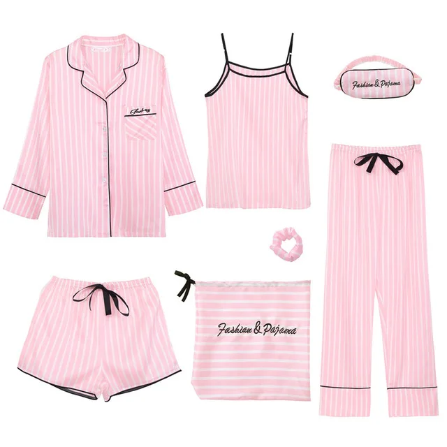 

7 PCS Women Pajamas Sets Casual Long Sleeve Striped Satin Pyjamas Homewear Faux Silk Comfortable Sleepwear Spring Summer, Pink
