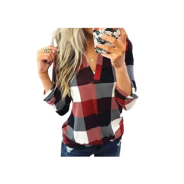 

NEW Fashion Women Cotton Long Sleeve Plaid Causal Shirt Women V Neck Blouse Plus Size Tops