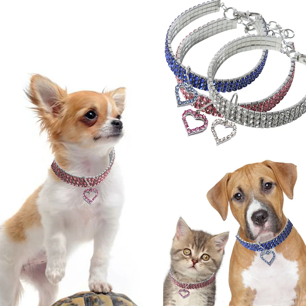 

Factory New Stretch Pet Necklace Shiny Heart Rhinestone Pet Cat Dog Collar Pet Products, As shown