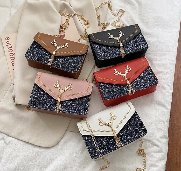 

2021 New PU material chain sequin tassel shoulder bag wholesale girls shopping wallet and phone handbags, 5 colors