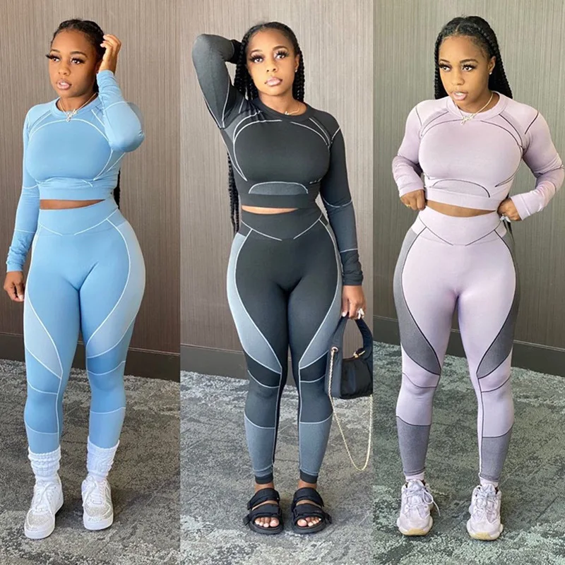 

2022 New Spring Sport High Waist 2 Piece Legging Set Crop Top Tracksuit Women Printed Yoga Workout Set, Picture