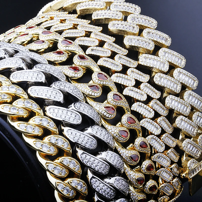 

New Hip Hop Diamond Iced Out Miami Thick Cuban Link Chain Prong Men gold Bracelets 18k Gold Plated Jewelry, Silver, gold, rose gold