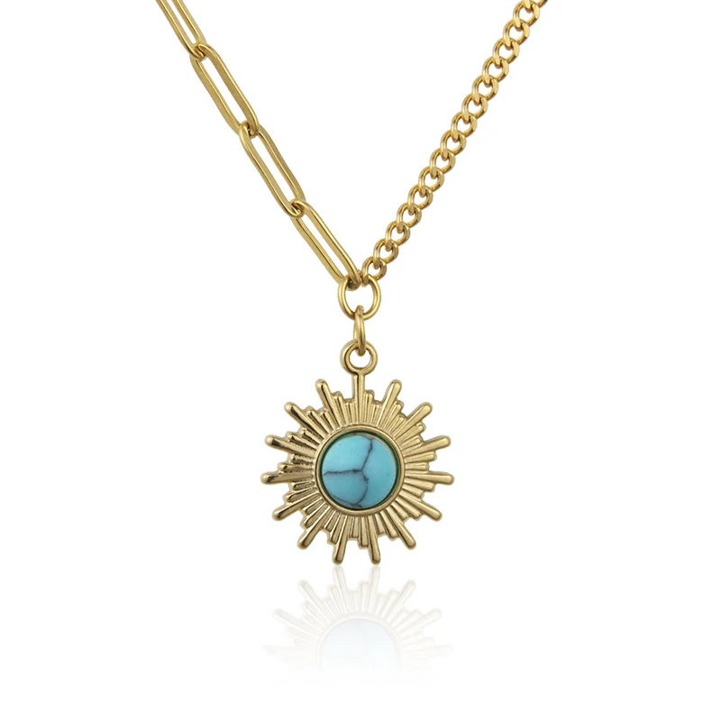 

Ins Hot Fashion Jewelry Gold Plated Stainless Steel Inlaid Natural Stone Crystal Sunflower Pendant Couple Necklace, Gold color
