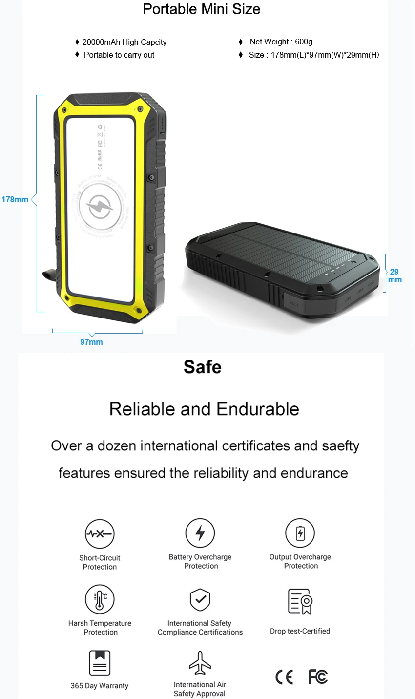 New Technology Products LED Lamp Wireless Power Bank IP65 Waterproof Qi 20000mAh Solar Power Banks For Travel - ANKUX.COM