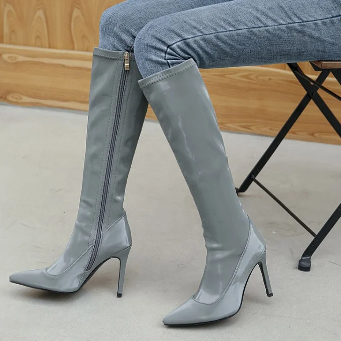 

Big Size 46 Solid Microfiber Leather Upper Thin Heel Knee-high Women Boots Pointed Toe Side Zipper Long Booties For Ladies, Blue,black