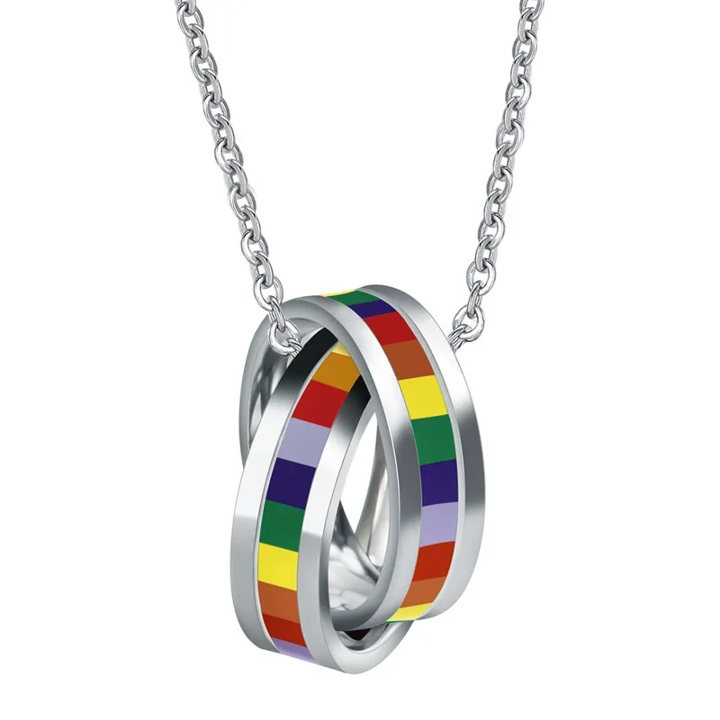 

2020 New Arrivals Men Women 7mm Stainless Steel Enamel Color Necklace Double Rainbow Rings Pendant Necklace Jewelry, Picture