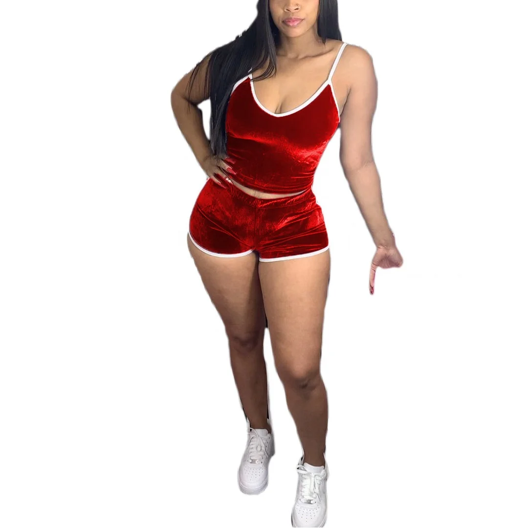 

MT104-4002 2020 summer cross-border hollow sexy slim super soft velvet two-piece shorts nightclub outfit