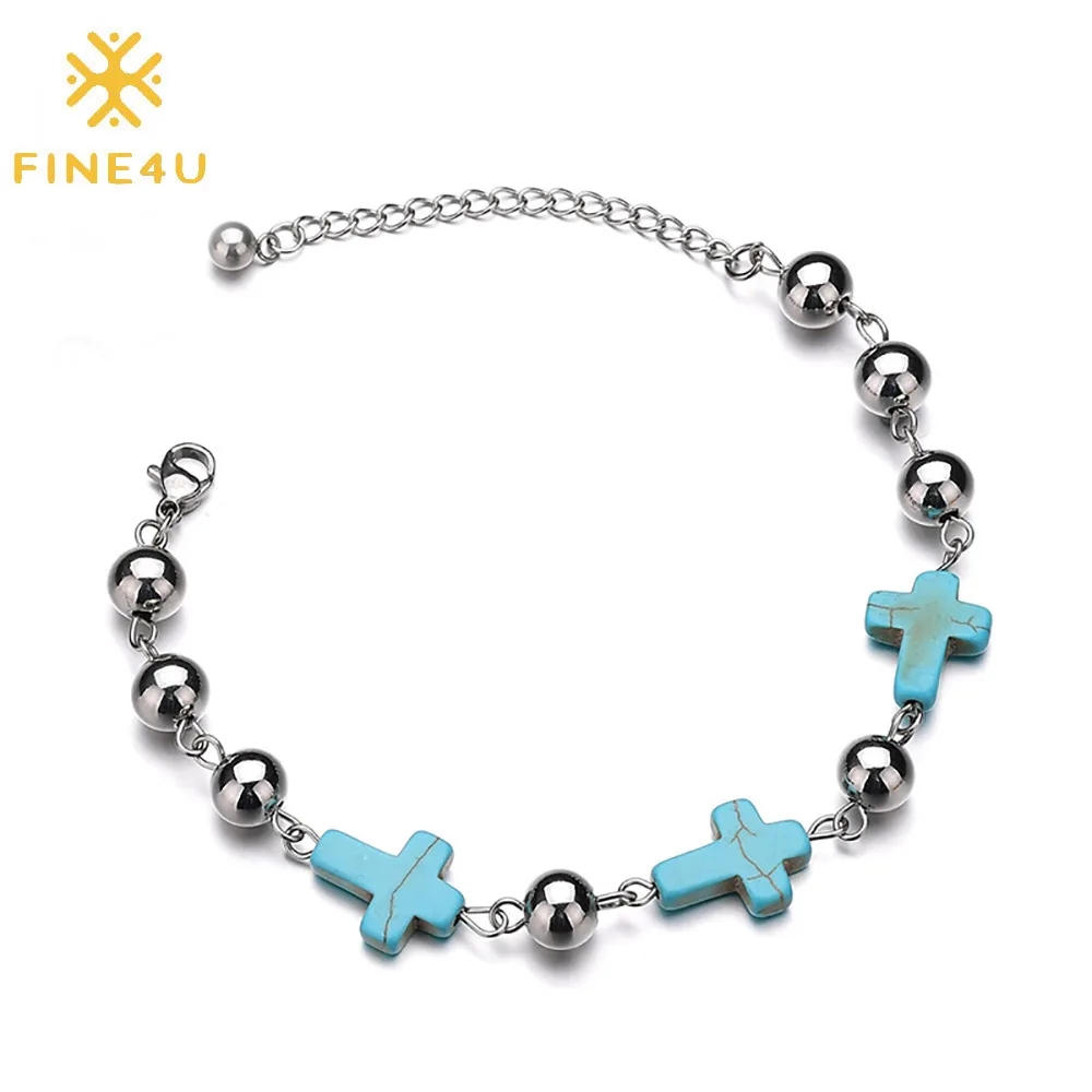 

Christian Jewelry Fashion Turquoise Charm Stainless Steel Rosary Faith Bead Cross Bracelet