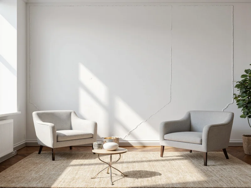 Chalk lines marking wall panel layout on living room wall