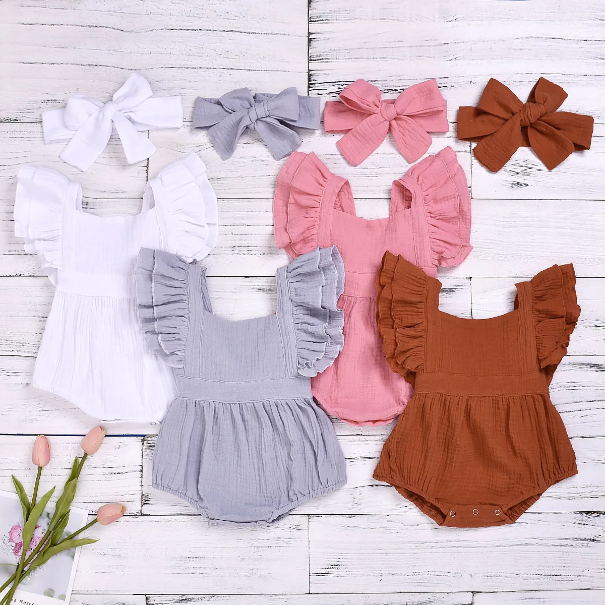 

Newborn Infant Baby Girl Flutter Sleeve Muslin 100% Cotton Bodysuit Toddler Ruffle Romper With Headband, Photo showed and customized color