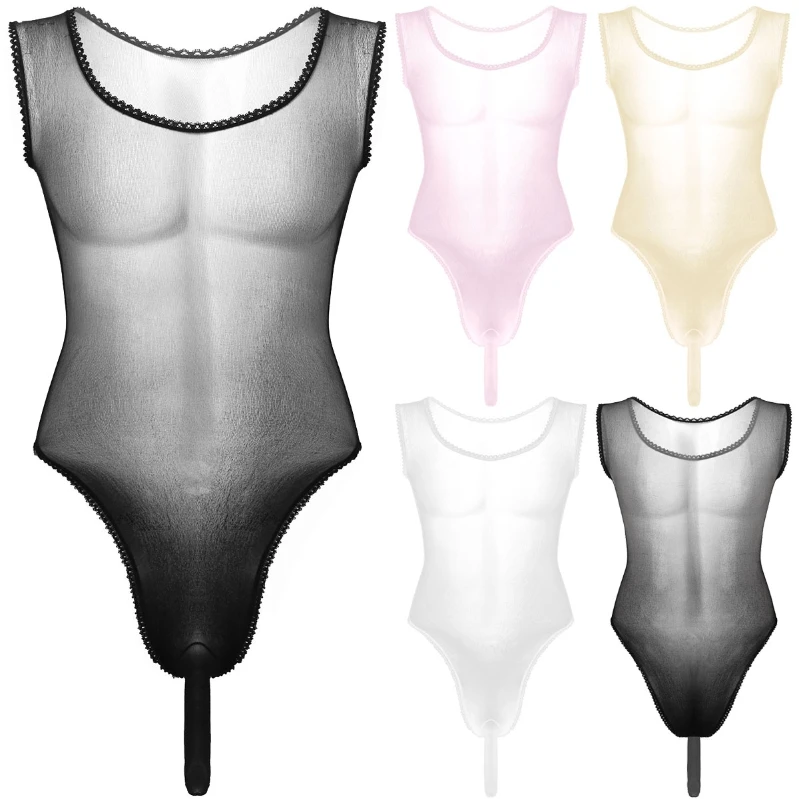 

Luxury Male One-Piece Mesh See Through Sleeveless High Cut Bulge Pouch Jumpsuit Leotard Bodysuit For Mens