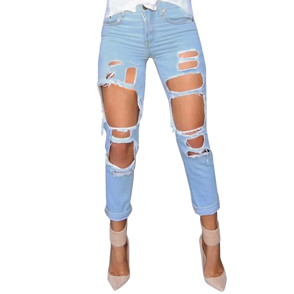 

2021 Women Clothing Fashion Jean Legging Famale Denim Distressed Hole Casual Jeans Pants