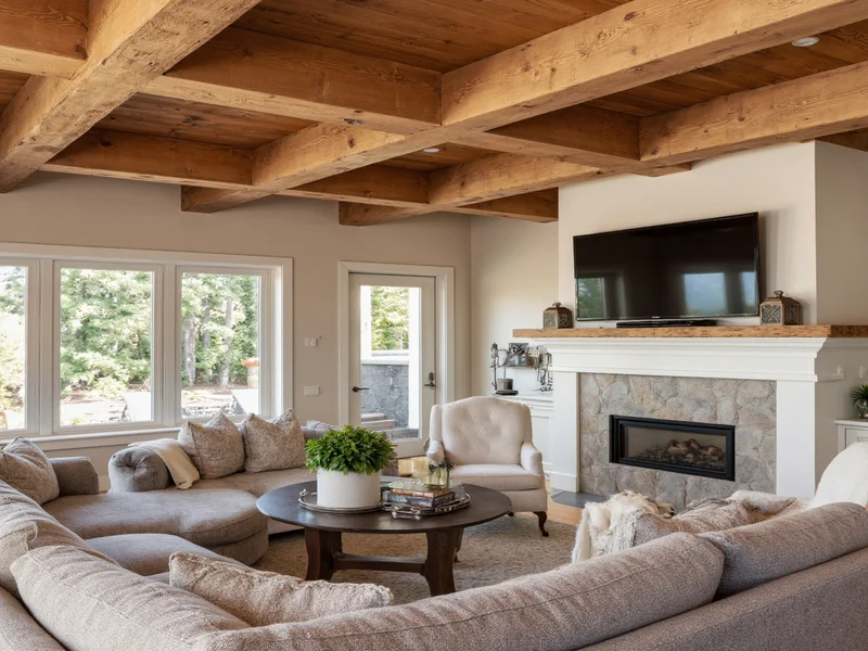Reclaimed oak beams installed in Craftsman style living room