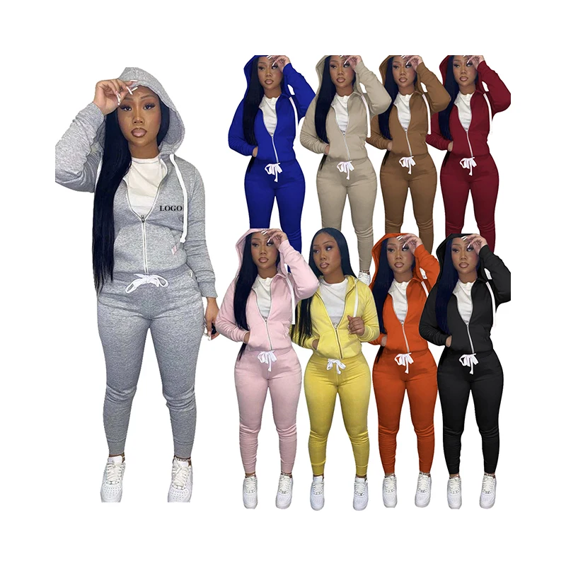 

Free shipping Custom Printing Logo Slim Fit Long Drawstrings Sport wear Hoodie and Jogger Set for women solid color 2 piece suit, Color avaliable