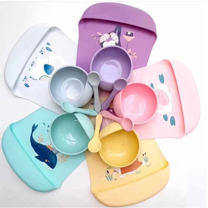 

Dinnerware Set Food Grade Divided Non Spill Suction Feeding Silicone Baby bowl with spoon bibs