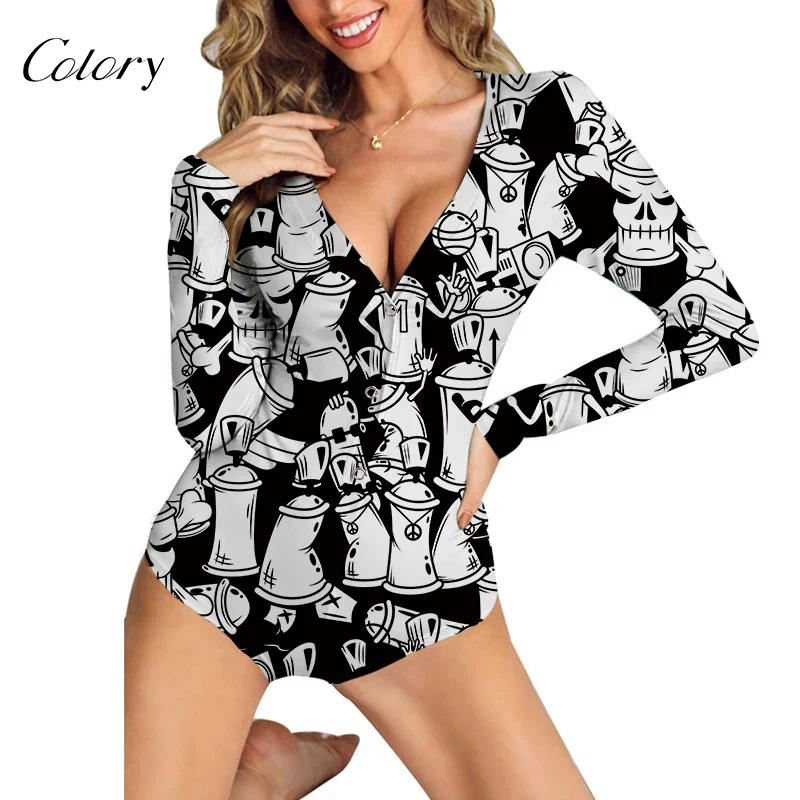

Colory Design Flower Long Pants Pajamas Colorful Graffiti Printing Print Bodysuit, Picture shows