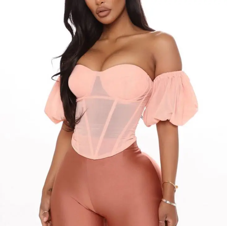 

Women's Fashion Sexy Chiffon Tube Top Off Shoulder Lantern Sleeve Short Vest