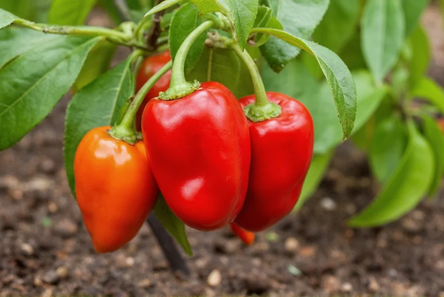 Close-up of mature brick red chili peppers growing on plant with soil and leaves