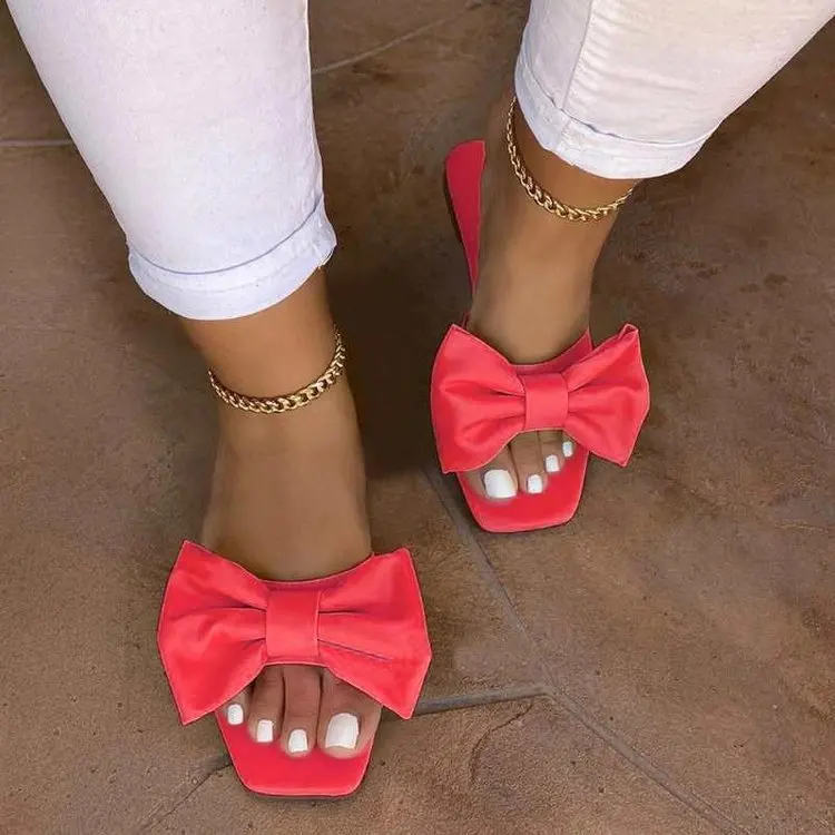 

New Fashion Luxury PU Leather Women Beach Sandals Designer Bow Knot Summer Ladies Flat Beach Sandals Shoes Female Flip Flops, 5 colors