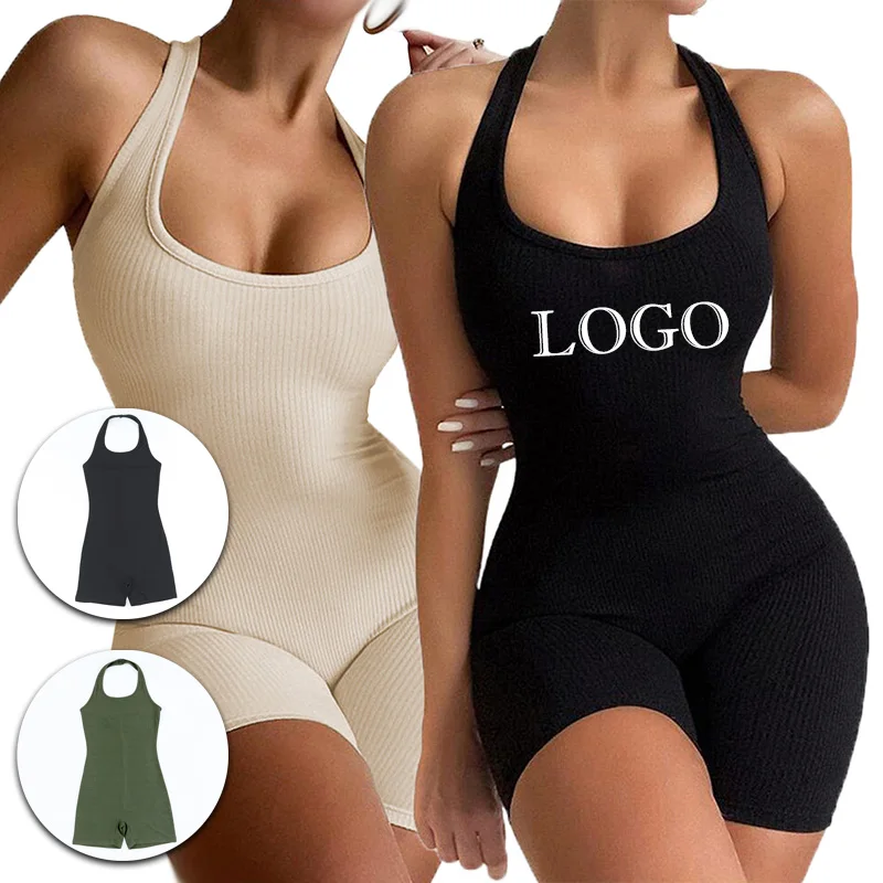 

Custom Logo Ribbed Knit Halter Backless Bodycon Romper Short One Piece Women Jumpsuit