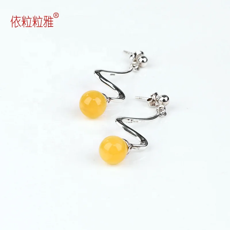 

Fashion Custom Unique Ladies 925 Silver Natural Yellow Amber Beeswax Ball Dangle Earrings For Decorations