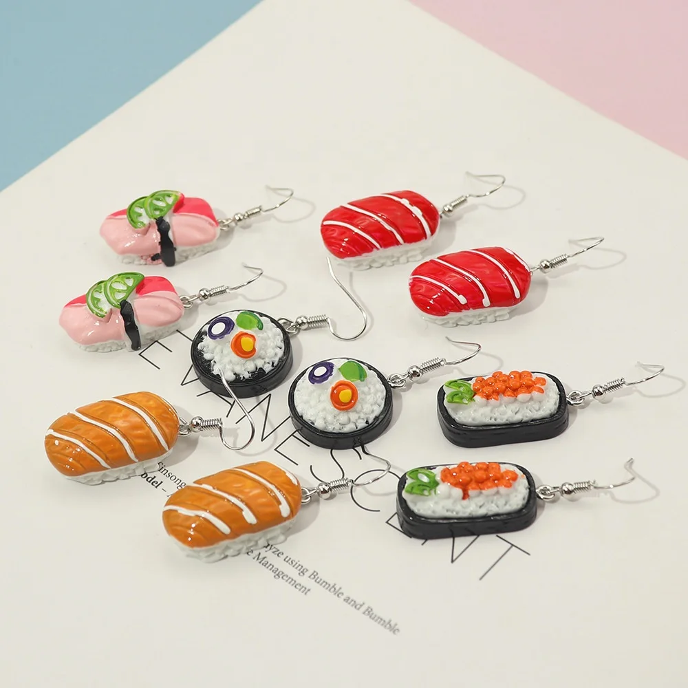 

Japanese Cute Novelty Unique Statement Earrings Resin Simulation Food Dangle Hook Earring Salmon Sushi Earrings for Women