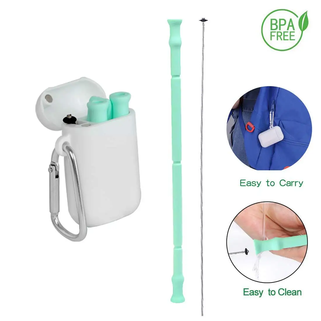 

Folding Portable Collapsible Silicone Custom Printed Drinking Straw Set, Grey/green/pink/blue