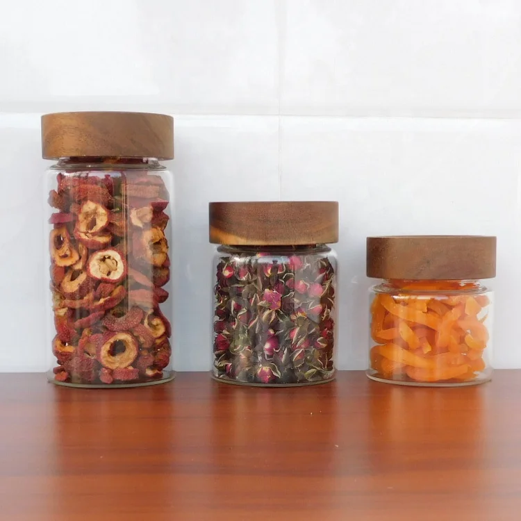 

335 580 800ml Leakproof Screw Handmade Borosilicate Glass Food Storage Jar With Acacia Wooden Lid, Clear transparent