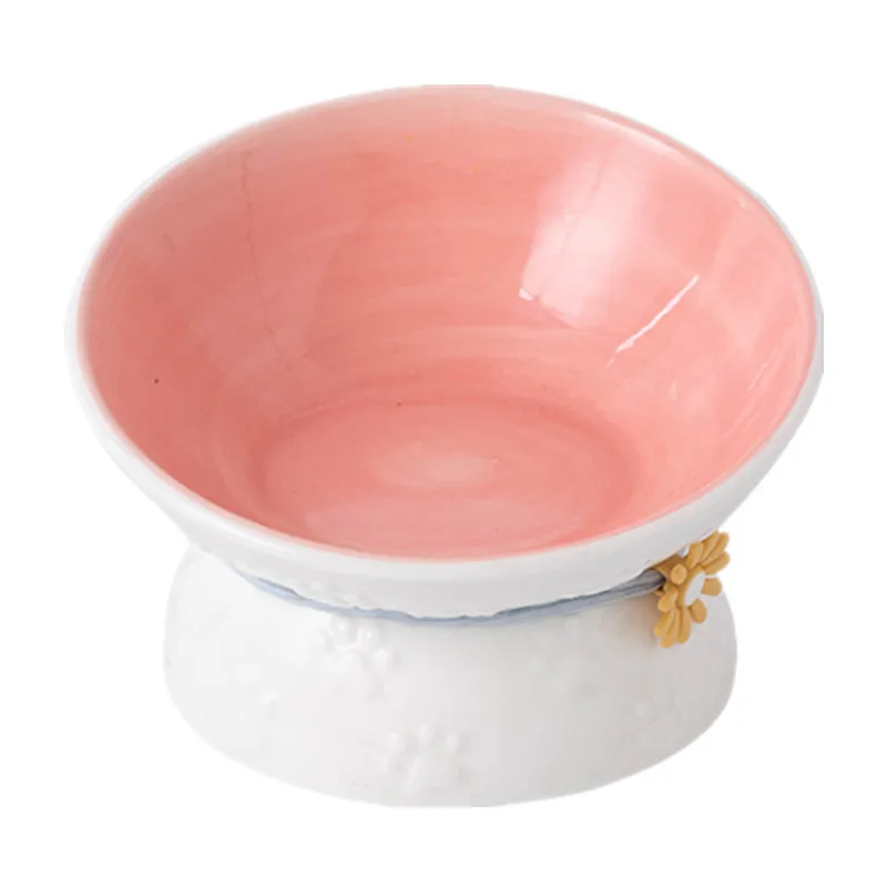 

2021 new arrival pet accessories bowl ceramic pet cat bowl with oblique mouth, Green, pink, yellow and blue