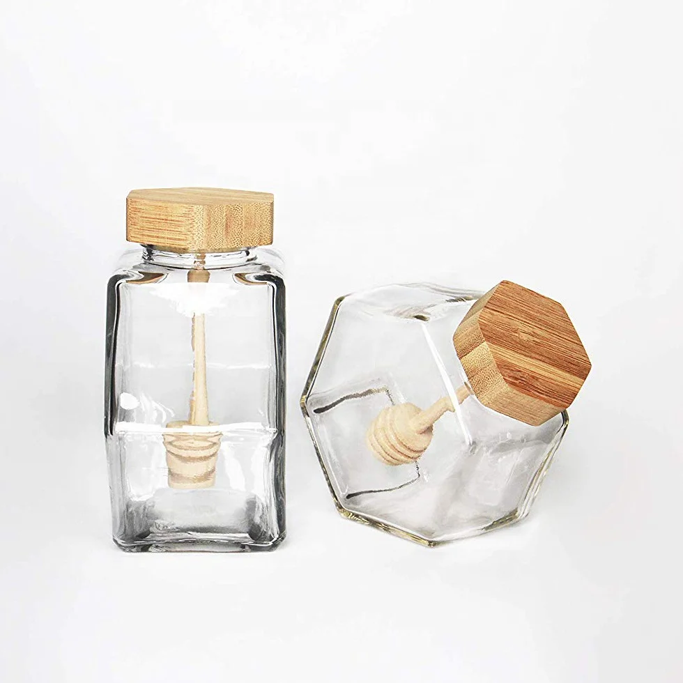 

Food grade unique hexagonal glass honey jar with bamboo lid and dipper