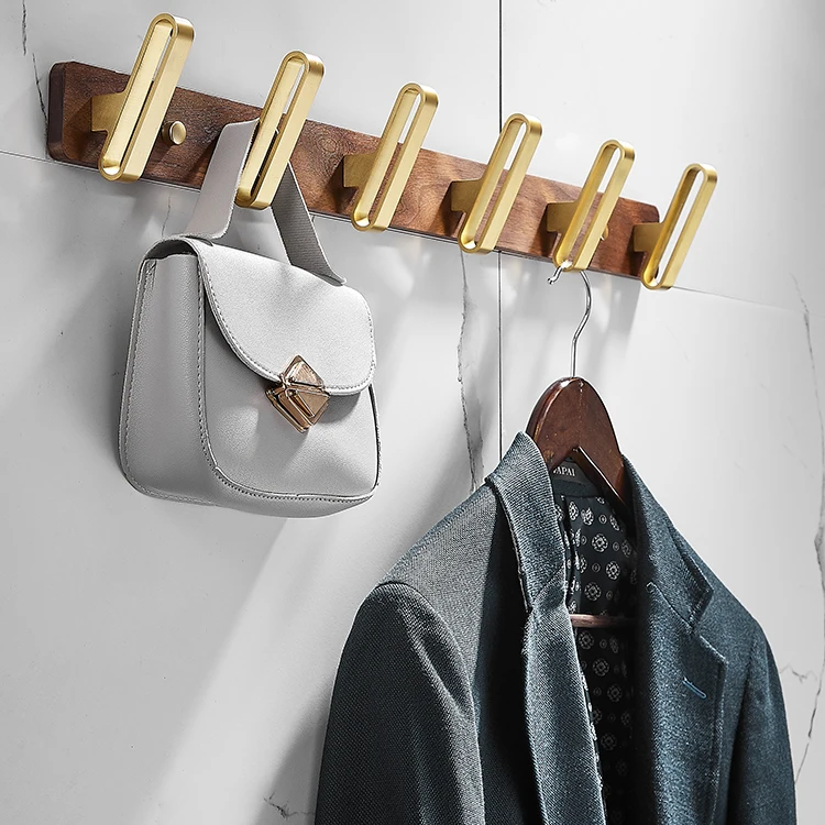 

European Gold Bathroom Walnut Wood Aluminum Clothes Hook Wall Six Row Hook For Clothes Robe, Customized