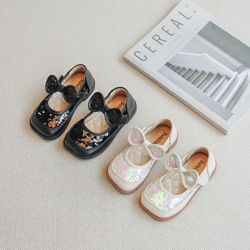 

Little Girl Sequin Bow Square Toe Pumpkin Princess Shoes Girls High Quality White Leather Shoes, Black,white