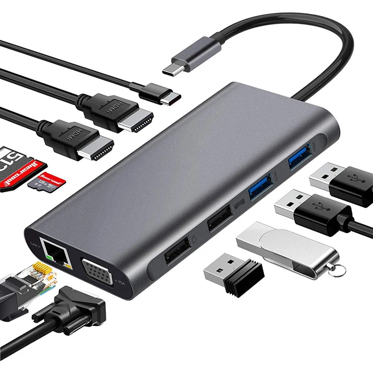 

Type-C to 4k USB3.0 SD TF Card Reader Multi Adapter 11 in 1 Usb-c Hub Charger Hubs