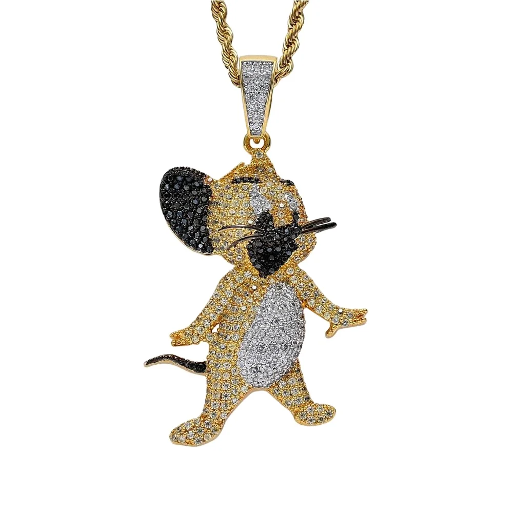 

Classic Cartoon Cat and Mouse Character Mouse Jerry Pendant Rope Chain Necklace Men Iced Out CZ Diamond Pendant Hip Hop Jewelry, 3 tones