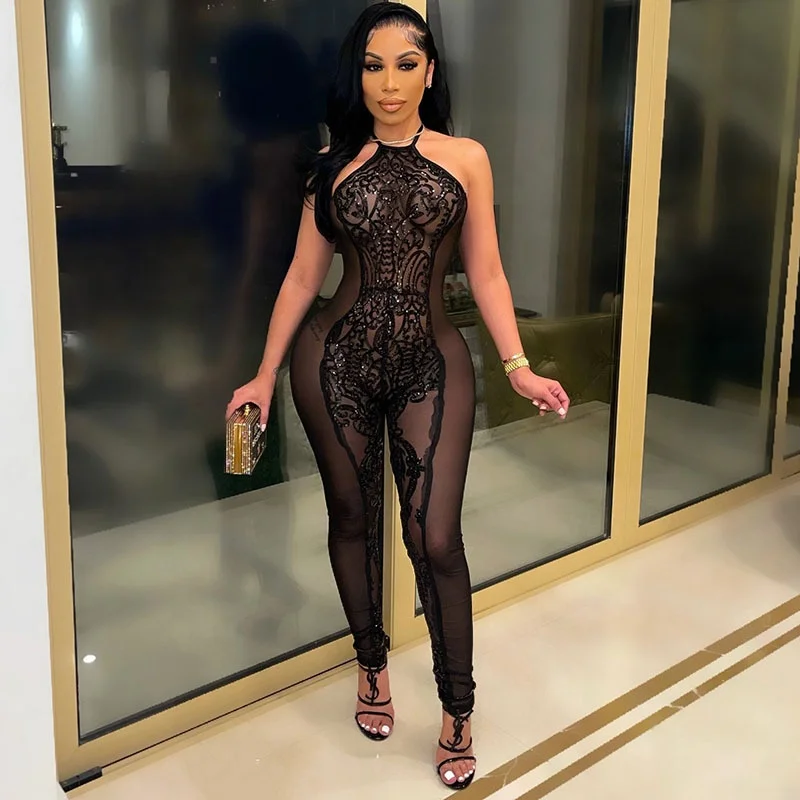 

Spring Summer Sexy Black Lace Jumpsuits With Sequins Women Long Sleeve Halter Neck Backless Club 1 Piece Jumpsuit, Picture