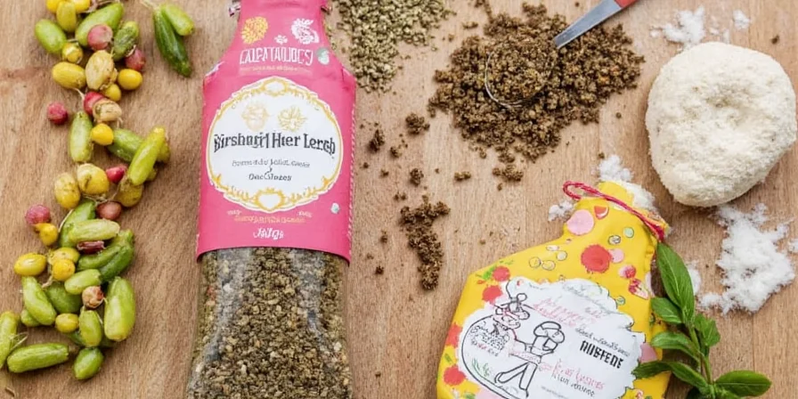 A colorful spice rack with various herb seasoning mixes.