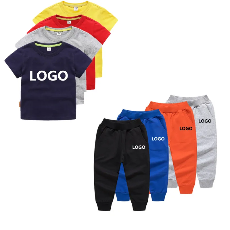 

Custom logo printing short sleeve solid color cotton kids boutique clothing sets clothes boys sweatsuit set