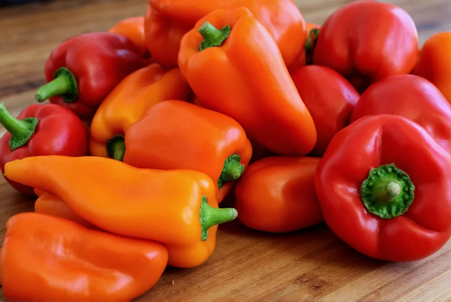 Close-up of vibrant red and orange peppers including habaneros and ghost peppers arranged on wooden cutting board